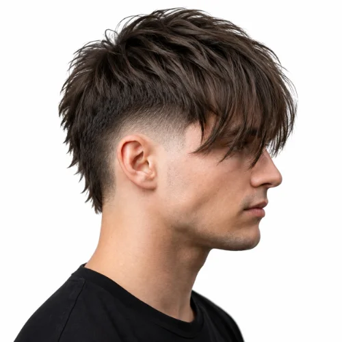 Modern mullet hairstyle with clean low taper fade