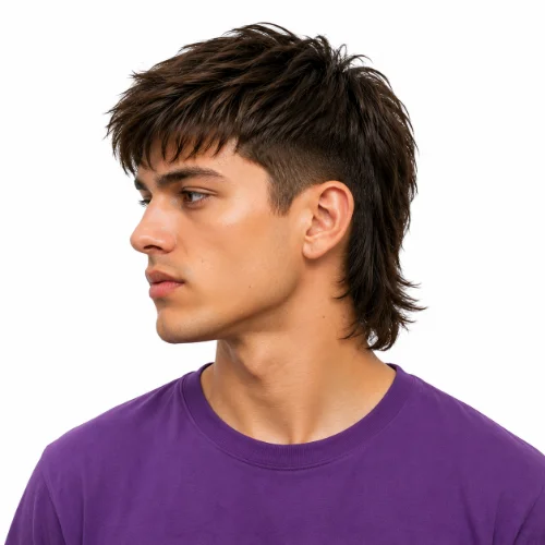 Professional Modern Mullet hairstyle on a man wearing a purple T-shirt against a white background.