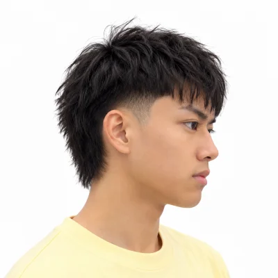 Asian man with a subtle modern Asian mullet fade haircut