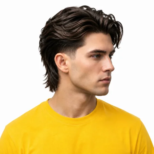 Medium length wavy hair with a modern mullet for men