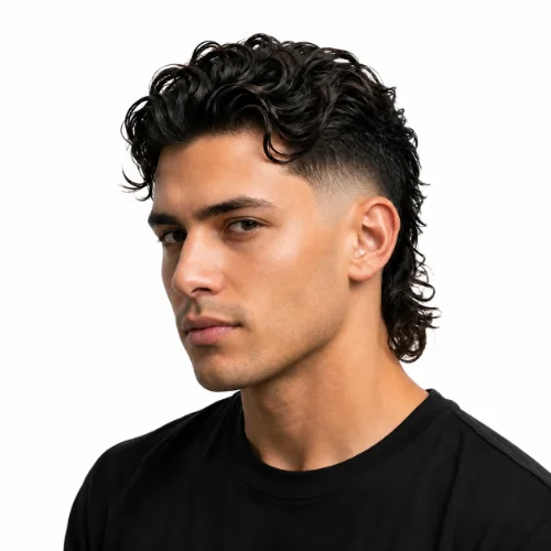 Modern mullet with wavy hair and a textured top